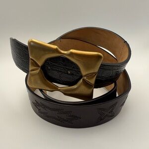 Dolce & Gabbana Black Leather Belt Brass Buckle Western Stitch Detail 90s Y2K